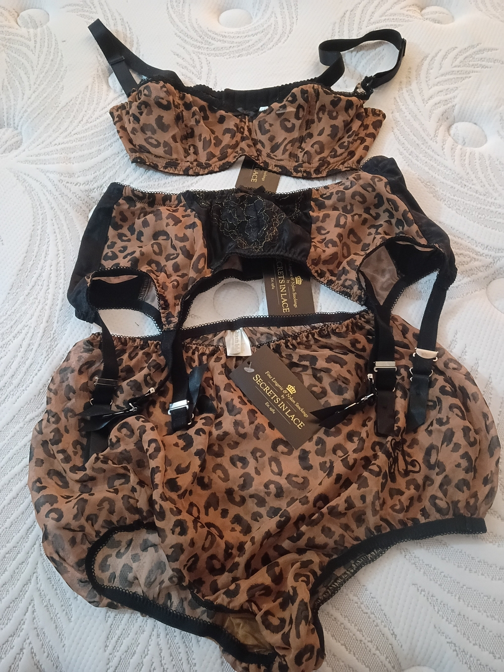 Secrets in Lace Leopard-Print Lace-Trim Bra, Garter & Brief Set - Brown/Black